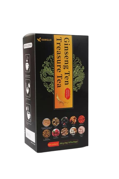 Photo originale du produit KANGLAI Ginseng Ten Treasure Tea, boîte noire et dorée